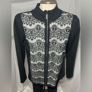 Belldini Black Zip-Up Knit Cardigan Large Lace Front Sweater